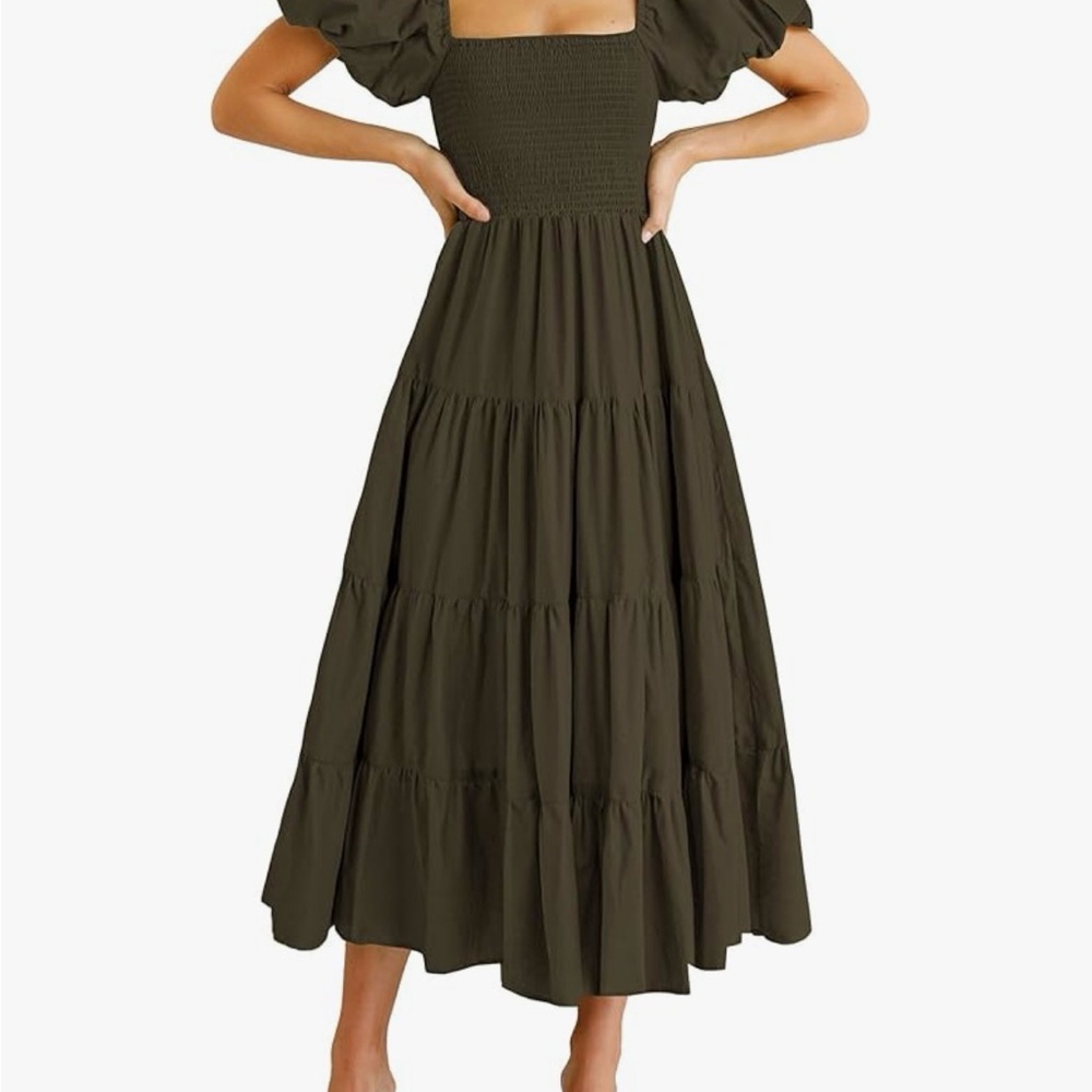 Smocked Puff-Sleeve Tiered Maxi Dress in Olive